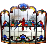 Aves Tiffany Glass Gathering Birds Design 3 Piece Folding Fireplace Screen 40" Wide