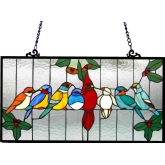 Aves Tiffany Glass Gathering Birds Window Panel 24.5X12.5