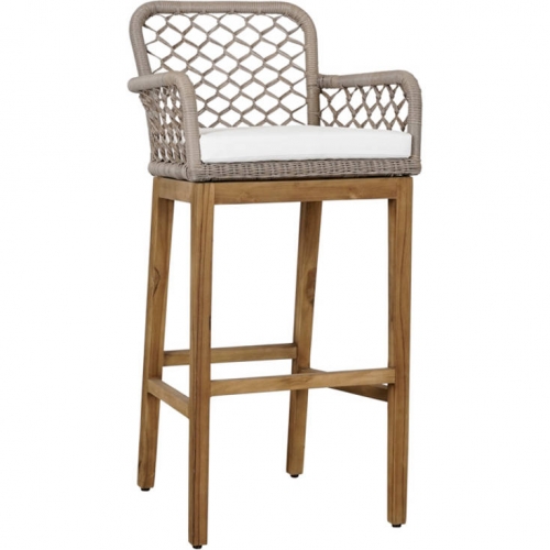 Paulo Bar Stool in Grey Poly Rattan, Cream Fabric & Wood