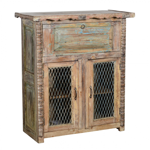Some of a Kind Iron Jali Cabinet in Carved Multicolor Wood & Metal