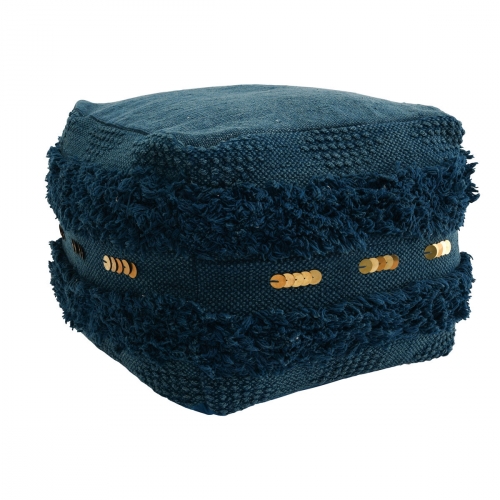 Seine 18" Pouf in Ink Blue Fabric & Metal Sequins