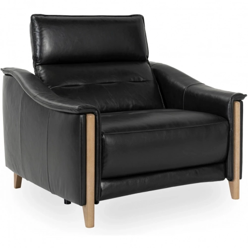 Cullman Power Recliner Accent Chair in Black Top Grain Leather & Ash Wood