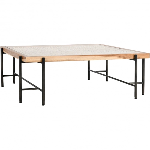 Cyrus 50" Coffee Table in Teak, Inset Sunburst Pattern, Glass & Iron