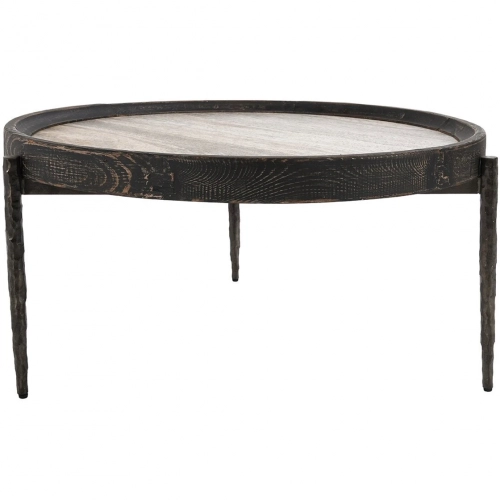 Dakota Round Coffee Table in Reclaimed Pine, Travertine, & Iron