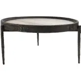 Dakota Round Coffee Table in Reclaimed Pine, Travertine, & Iron