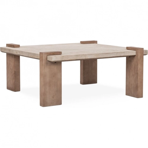 Ruare Square Coffee Table in Travertine & Distressed Brown Reclaimed Wood