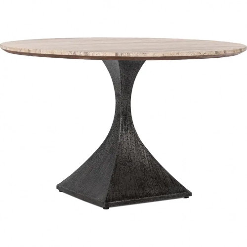 Baltic 48" Round Dining Table in Gold Travertine Stone & Antique Pewter Iron