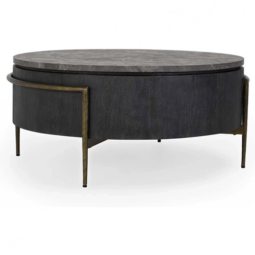 Honor 42" Round Coffee Table in Dark Gray Laminate, Black Wood & Brass