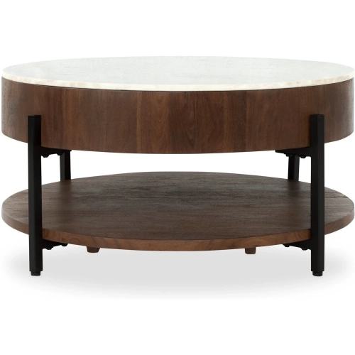 Lorna 38" Round Coffee Table in Marble, Acacia Wood & Iron