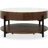 Lorna 38" Round Coffee Table in Marble, Acacia Wood & Iron