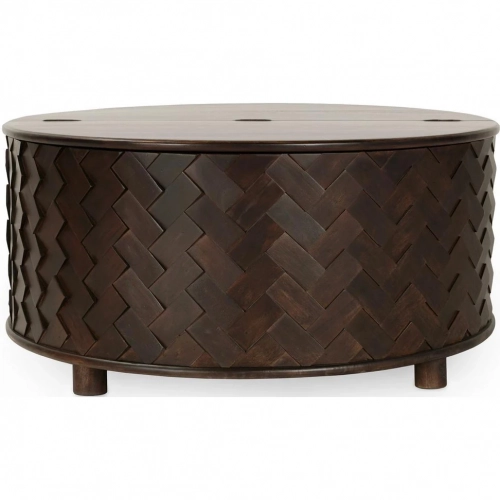 Shira 40" Round Storage Coffee Table in Geometric Kona Brown Mango Wood