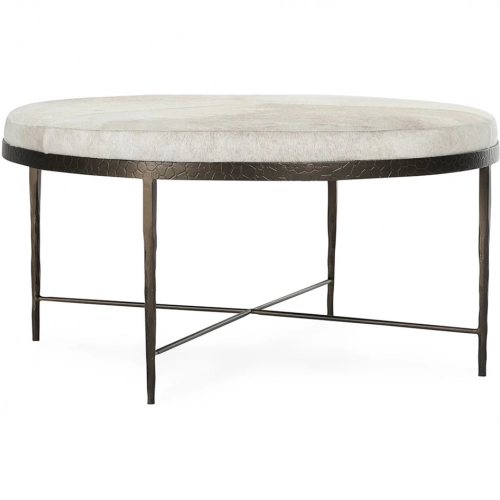 Bose 36" Round Coffee Table in Ivory Hair on Hide & Embossed Hammered Iron