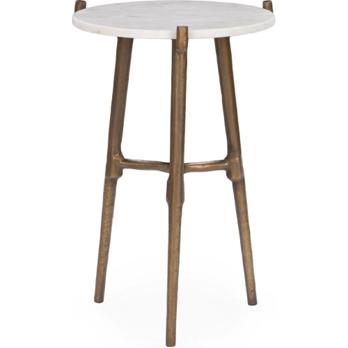 Halley Round End Table in White Marble & Antique Gold Cast Aluminum