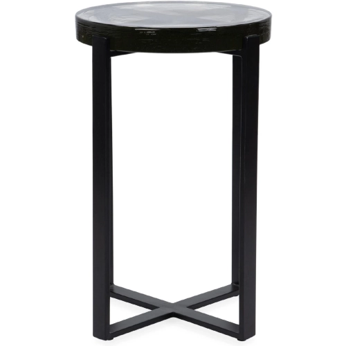 Gallie Round Side End Table in Black Steel Metal & Cast Glass