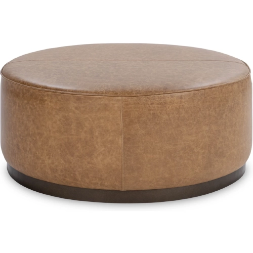 Clair 40" Round Ottoman in Chestnut Brown Top Grain Leather & Iron