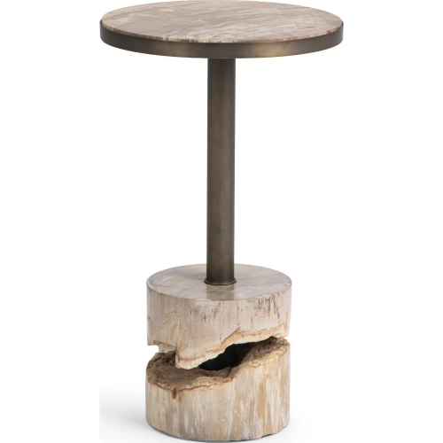 Melia 12.60" Round End Table in Sepia Vein Petrified Wood & Brass