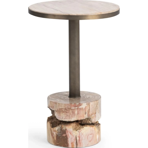 Melia 15.75" Round End Table in Sepia Vein Petrified Wood & Brass