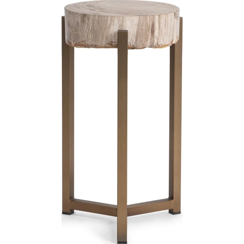 Breanna 14" Round End Table in Sepia Vein Petrified Wood & Brass Steel