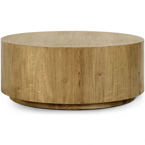 Layne Round Coffee Table with Casters in Light Brown Oak Veneer & Oak