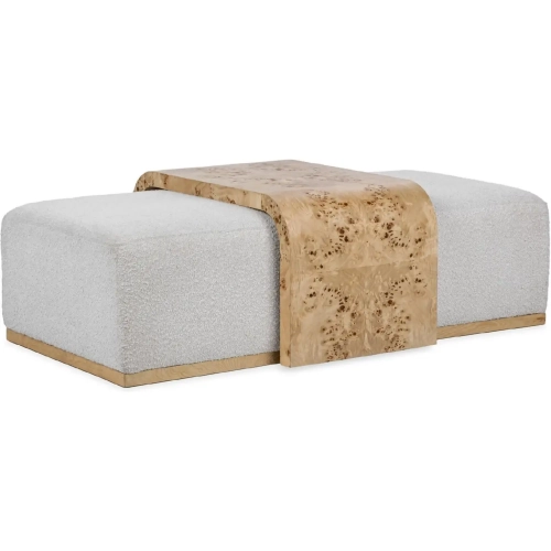Kenan Ottoman Coffee Table in Creamy Ivory Off White Fabric & Burl Wood