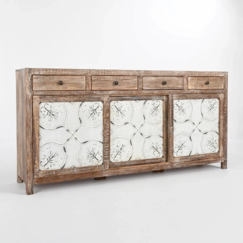 Ogden Sliding Door Buffet Sideboard Cabinet in White Metal & Wood
