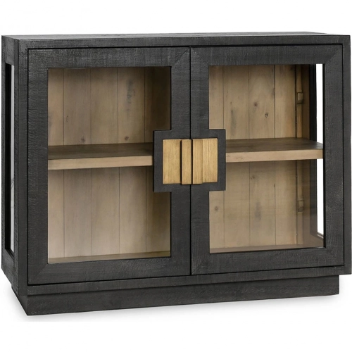 Larson 2 Door Cabinet in Distressed Black Reclaimed Pine & Tempered Glass