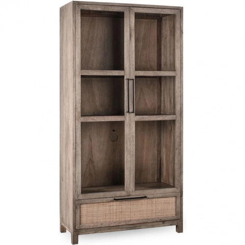Jensen 2 Door 1 Drawer Tall Cabinet in Taupe Mango Wood & Cane