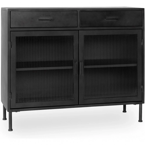 Nore 2 Door 2 Drawer Cabinet in Blackened Steel & Fluted Glass