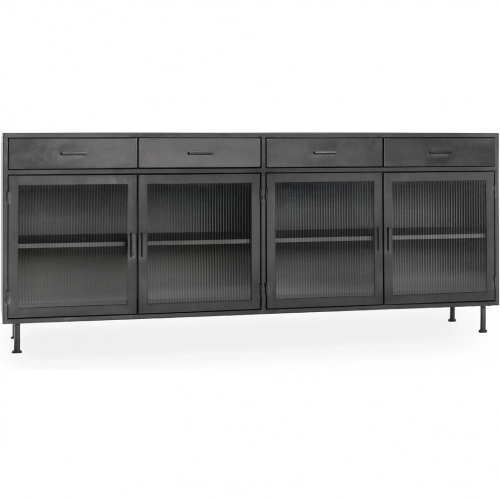 Nore 4 Door 4 Drawer Cabinet in Blackened Steel & Fluted Glass