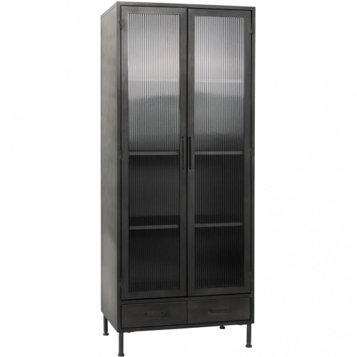 Nore 2 Door 2 Drawer Tall Cabinet in Blackened Steel & Fluted Glass