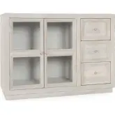 Isha 3 Drawer 2 Door Cabinet in White Washed Solid Wood & Tempered Glass