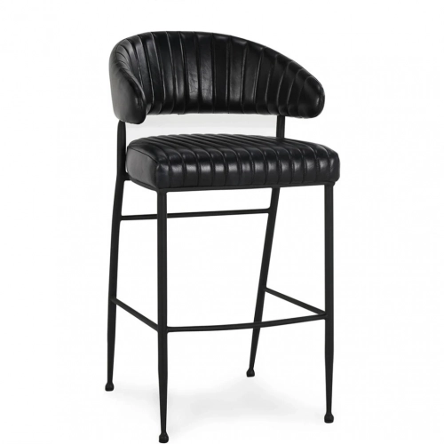 Umbria 30" Bar Stool in Channel Stitched Jet Black Top Grain Leather & Iron