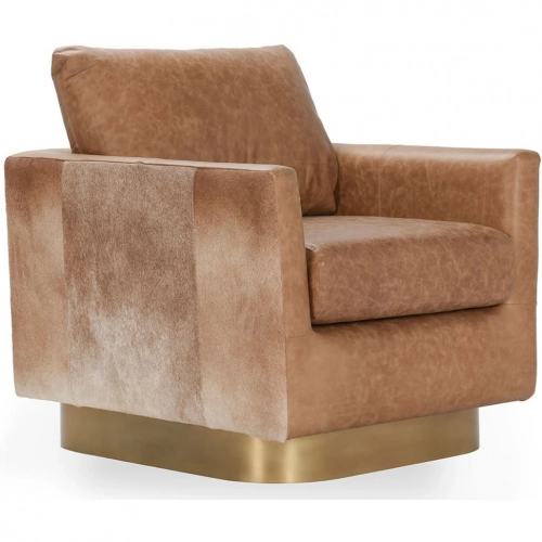 Lathe Accent Chair in Chestnut Brown Leather & Blonde Hide