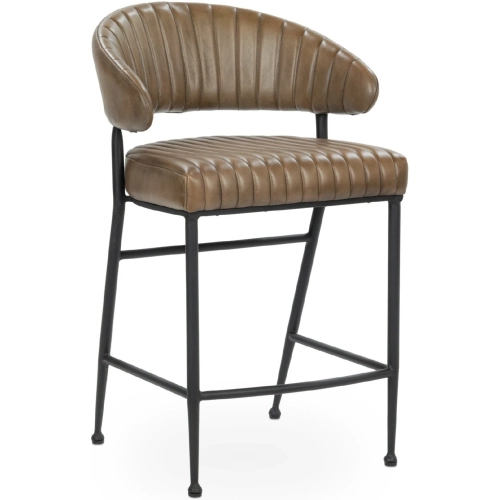 Umbria Counter Stool in Channel Tufted Chestnut Brown Top Grain Leather & Iron