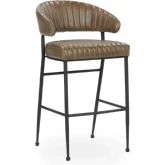 Umbria Bar Stool in Channel Tufted Chestnut Brown Top Grain Leather & Iron