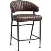 Umbria 26" Counter Stool in Channel Stitched Burnished Brown Top Grain Leather & Iron