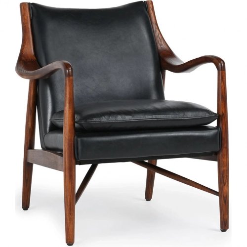 Kiannah Club Chair in Jet Black Top Grain Leather & Ash Wood