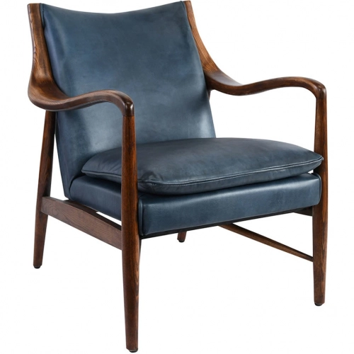 Kiannah Club Chair in Ocean Blue Top Grain Leather & Ash Wood