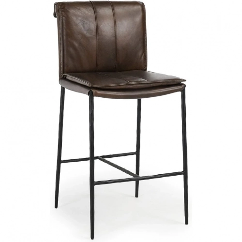Mayer Counter Stool in Brown Top Grain Leather & Hammered Iron