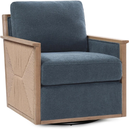 Norman Swivel Accent Chair in Blue Fabric, Rope & Wood