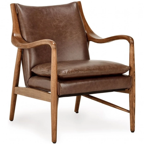 Kiannah Club Chair in Barrel Brown Top Grain Leather & Ash Wood