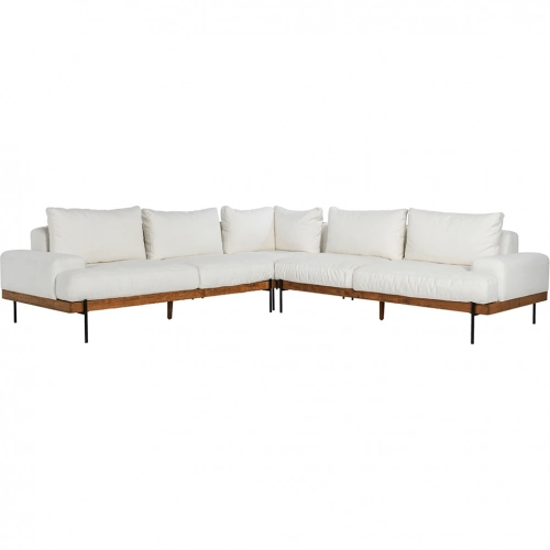 Faro Sectional Sofa in White Fabric, Wood & Iron
