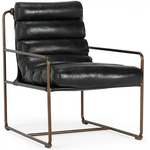 Argo Accent Chair in Channel Tufted Black Top Grain Leather & Iron