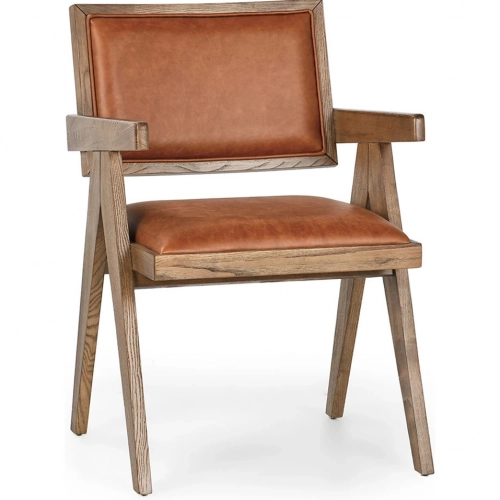 Dolton Dining Arm Chair in Wood & Autumn Brown Top Grain Leather