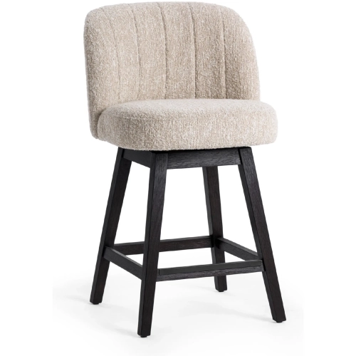Della Swivel Counter Stool in Channel Tufted Sandy Cream Fabric & Wood