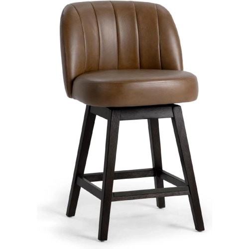 Della Swivel Counter Stool in Channel Tufted Camel Brown Leatherette & Wood