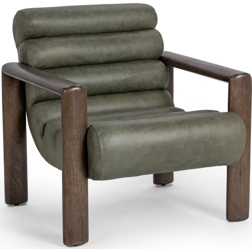 Dahlia Accent Chair in Channel Tufted Sage Green Top Grain Leather & Wood