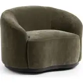 Beverly Swivel Accent Chair in Olive Moss Green Fabric & Ash Wood
