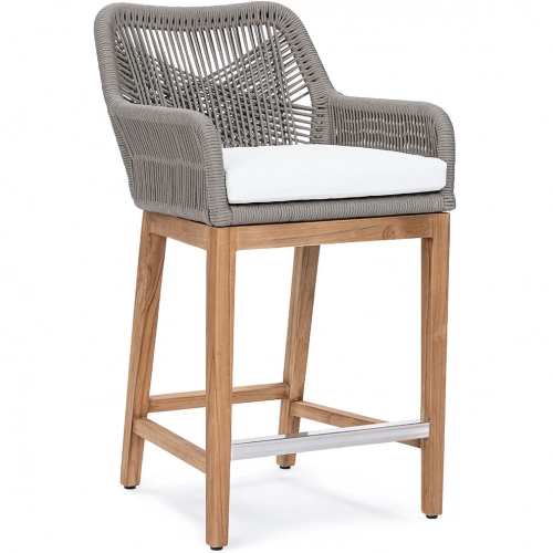 Marley Outdoor Counter Stool in Gray PE Rope, Neutral Fabric & Teak