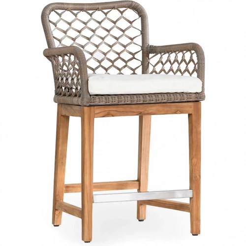Paulo Outdoor Counter Stool in Gray Rope, Wood & Neutral Fabric